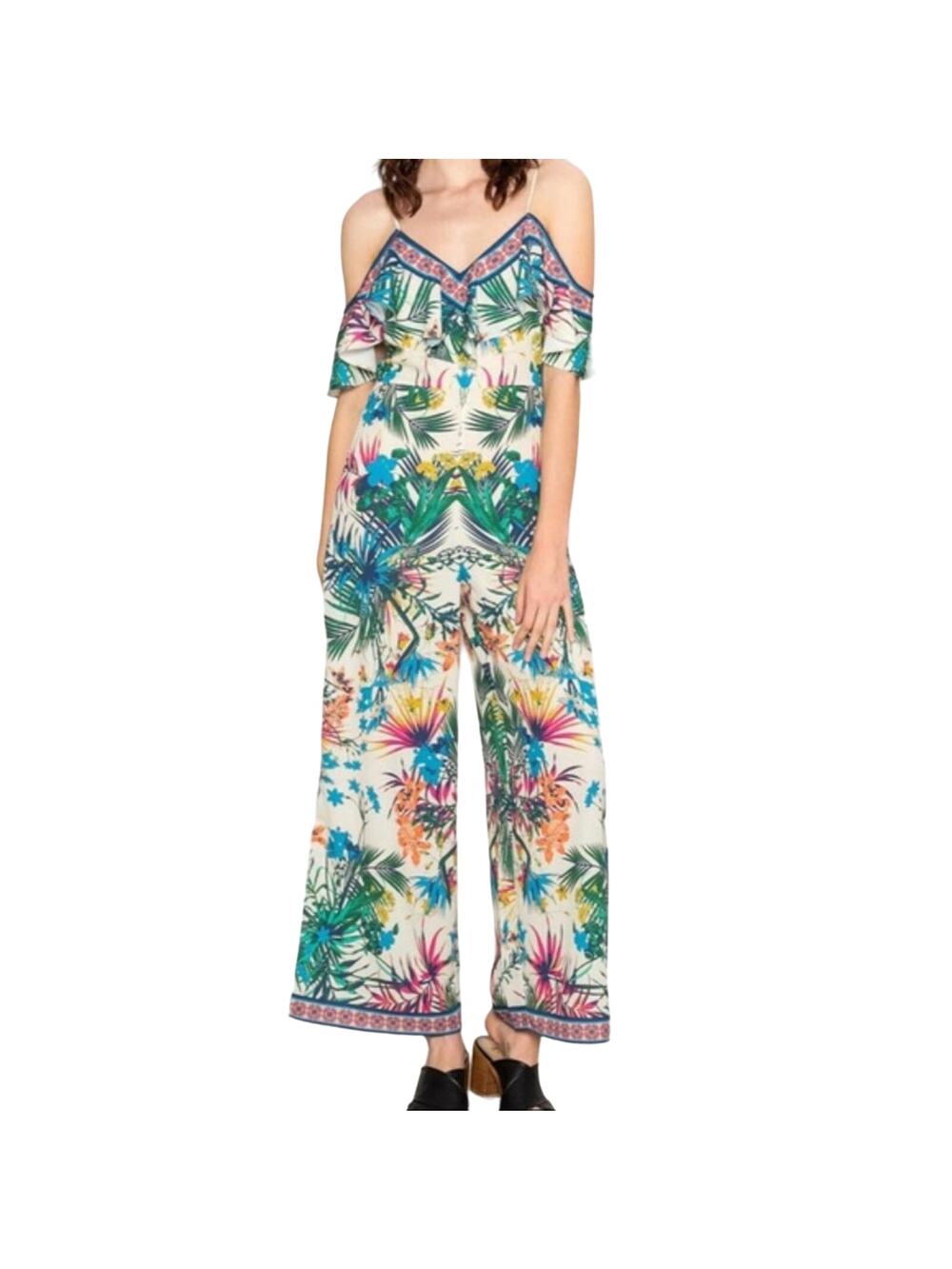 NWT Flying Tomato Ivory W/ Colorful Tropical Print Wide Legged Jumpsuit - SMALL